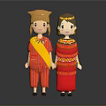 Two People Wearing Traditional Red Clothing With Yellow Sash And Decorative Patterns