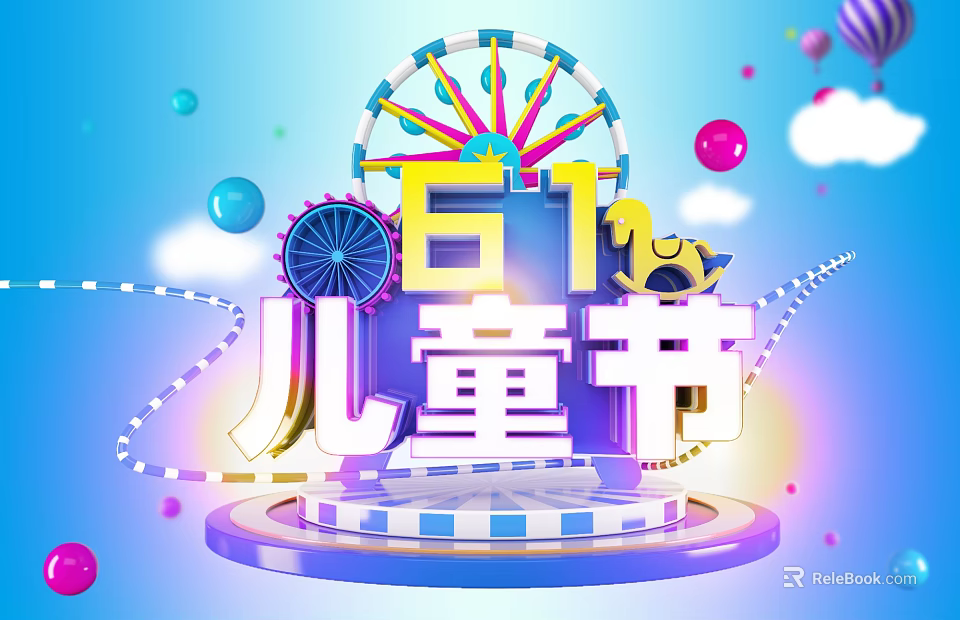 Colorful June 1st Children's Day Scene With Ferris Wheel And Balloons 3d model 