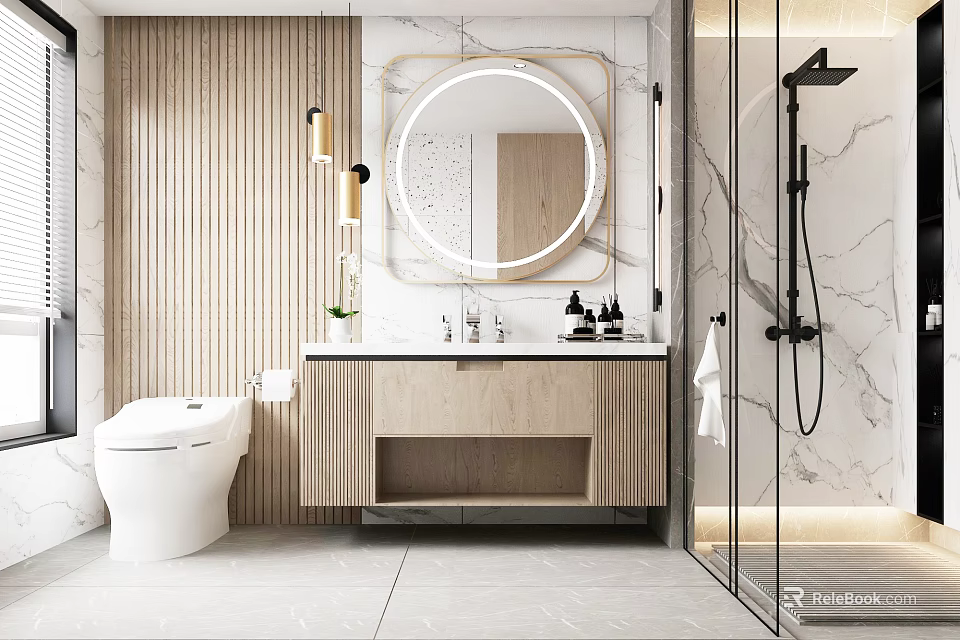 Modern Bathroom Interior Design With Round Mirror Wooden Vanity Marble Walls And Glass Shower 3d model 