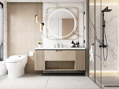 Modern Bathroom Interior Design With Round Mirror Wooden Vanity Marble Walls And Glass Shower 3d model