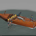 Classic Wooden Speedboat With Steering Wheel And Flag Sailing On Blue Water