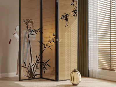 Chinese Style Room Divider With Translucent Bamboo Pattern And Traditional Lantern In Soft Light 3d model