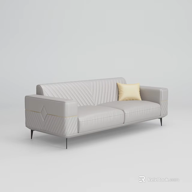 Modern Light Gray Leather Sofa Set With Stitched Details And Yellow Cushion 3d model