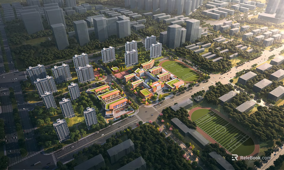 Aerial View of Modern School Building with Colorful Structures Playground and Green Spaces 3d model 