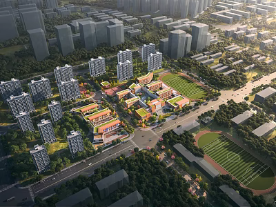 Aerial View of Modern School Building with Colorful Structures Playground and Green Spaces 3d model
