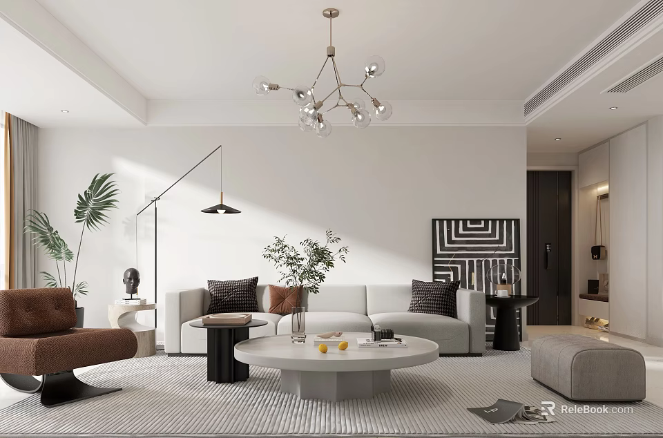 Modern Living And Dining Room Interior With Chandelier Sofa Coffee Table Plants And Floor Lamp 3d model 
