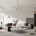 Modern Living And Dining Room Interior With Chandelier Sofa Coffee Table Plants And Floor Lamp