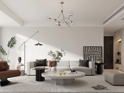 Modern Living And Dining Room Interior With Chandelier Sofa Coffee Table Plants And Floor Lamp 3d model