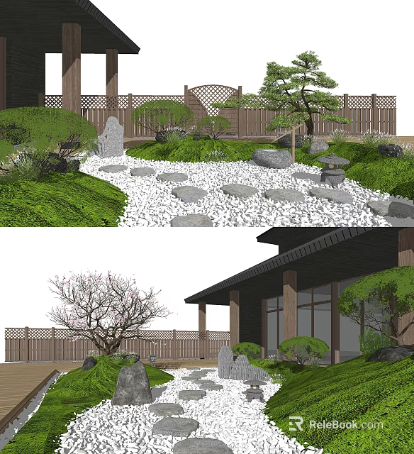 Dry Landscape Garden Featuring Stones Gravel Moss and Pine Trees with Wooden Fence 3d model 