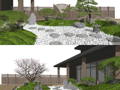 Dry Landscape Garden Featuring Stones Gravel Moss and Pine Trees with Wooden Fence 3d model