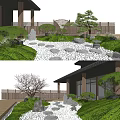 Dry Landscape Garden Featuring Stones Gravel Moss and Pine Trees with Wooden Fence