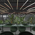 Stylish Restaurant Interior With Green Chairs Lush Plants And Modern Lighting