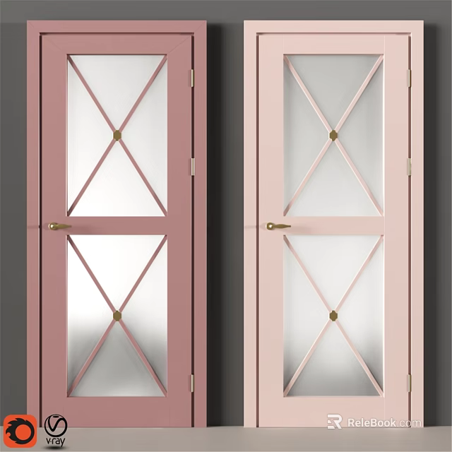 Pink And Light Pink Hinged Doors With Geometric Cross Design And Gold Hardware Transparent Glass 3d model 