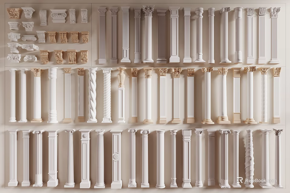 White Decorative Columns With Various Classical Fluted Twisted And Carved Design Details 3d model