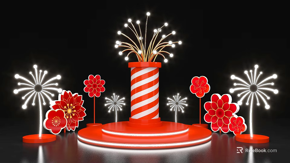 Art Installation Featuring Red And White Striped Cylinder With Firework Lights And Red Flower Decorations 3d model 