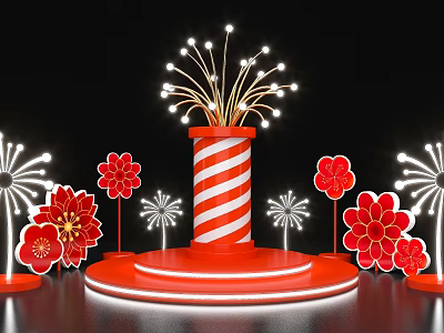 Art Installation Featuring Red And White Striped Cylinder With Firework Lights And Red Flower Decorations 3d model