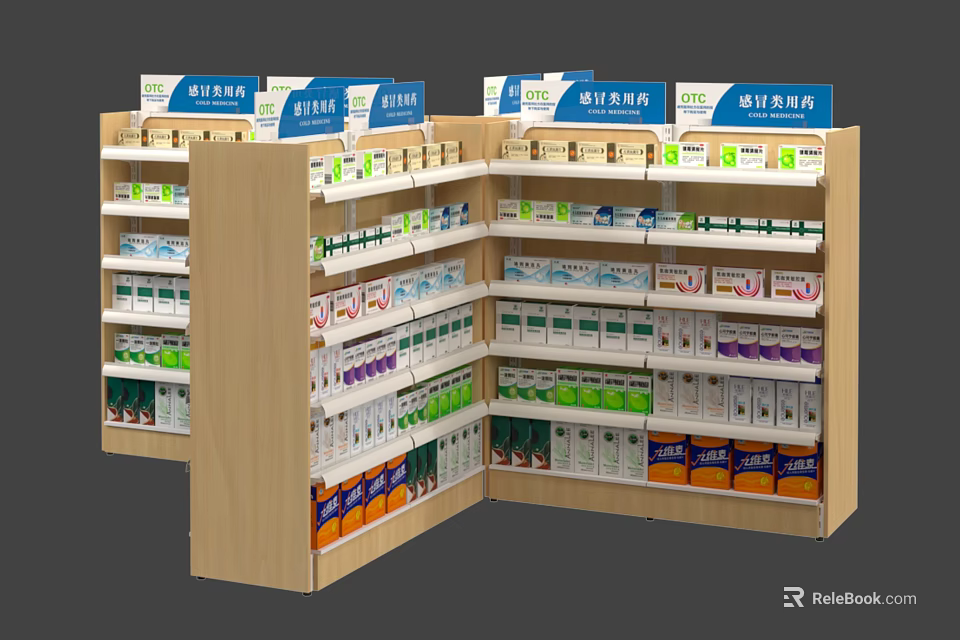 Pharmacy Shelves With Multiple Layers Stocked With Medicines Various Products And Organized Blue Top Signage 3d model 
