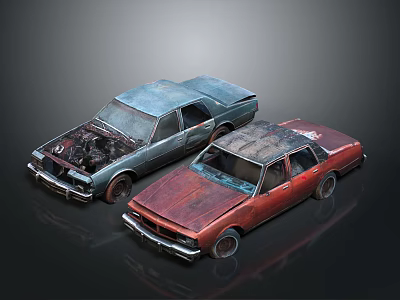 Two Old Abandoned Rusty Blue And Red Cars On Dark Background 3d model