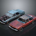 Two Old Abandoned Rusty Blue And Red Cars On Dark Background