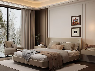 Modern Bedroom Double Bed With Beige Headboard Multiple Pillows Gray Throw And Snowy Trees View 3d model