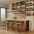 Modern Bar Interior With Gold Countertop Green Stools Pendant Lights Wine Racks And Bottles