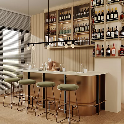 Modern Bar Interior With Gold Countertop Green Stools Pendant Lights Wine Racks And Bottles 3d model