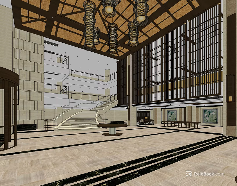 Hotel Lobby Interior Design With Wooden Ceiling Beams Hanging Chandeliers Grand Staircase And Marble Flooring 3d model 