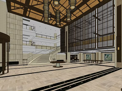 Hotel Lobby Interior Design With Wooden Ceiling Beams Hanging Chandeliers Grand Staircase And Marble Flooring 3d model