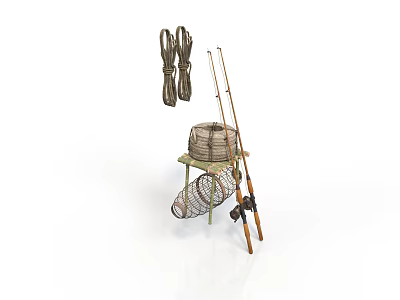 Useful Fishing Supplies With Woven Basket Net Rods And Stand 3d model