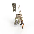 Useful Fishing Supplies With Woven Basket Net Rods And Stand