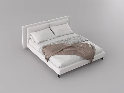 Modern White Double Bed with Sleek Headboard and Cozy Blanket in Minimalist Design 3d model