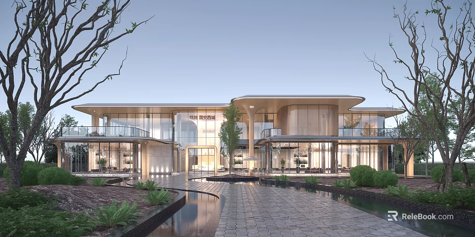 Contemporary Modern Building Exterior With Glass Facade Curved Roof Stone Pathway And Water Pond 3d model 
