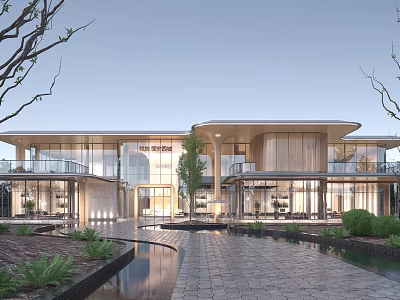 Contemporary Modern Building Exterior With Glass Facade Curved Roof Stone Pathway And Water Pond 3d model