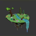 Modern 3D Low Poly Floating Island Design With Trees Stream And Waterfall 3d model