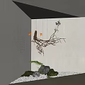 Japanese Zen Indoor Landscape With Calligraphy Wall Dried Branch Stones Moss Lighting And Pebble Floor