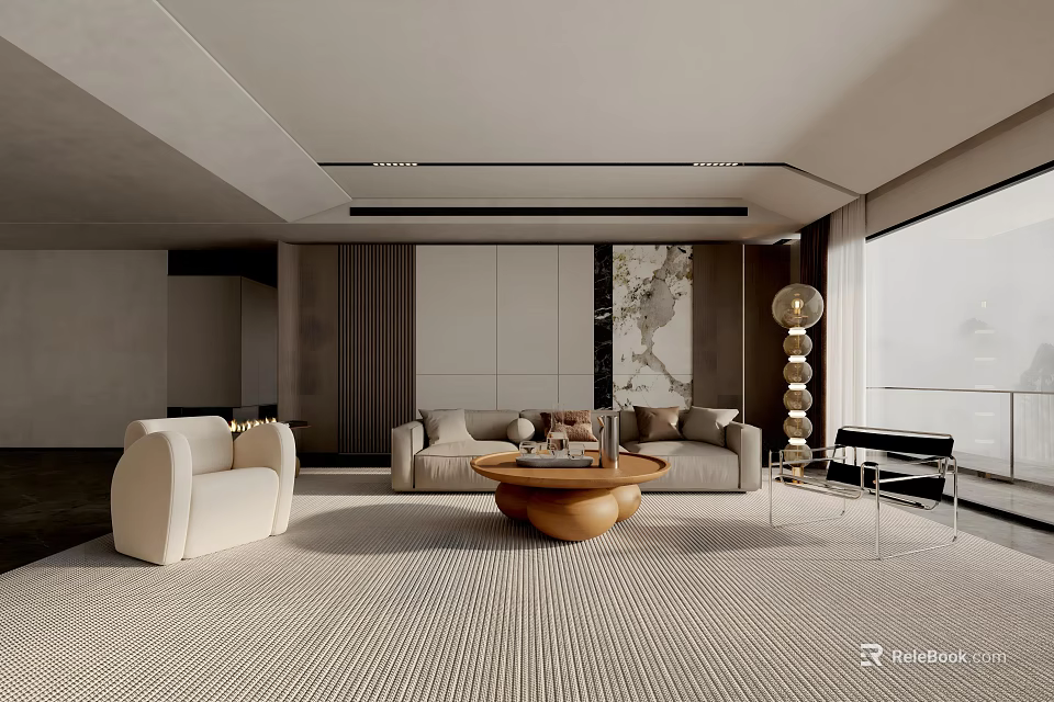 Modern Living Room Interior With Beige Sofa Wooden Coffee Table Striped Rug And Marble Wall 3d model 