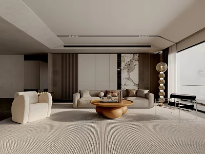 Modern Living Room Interior With Beige Sofa Wooden Coffee Table Striped Rug And Marble Wall 3d model