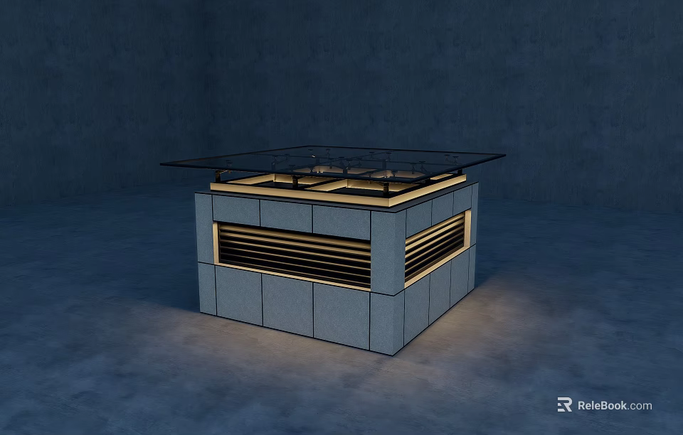 Square Architectural Component With Gray Concrete Structure Horizontal Louvers Glass Top And Metal Frame 3d model