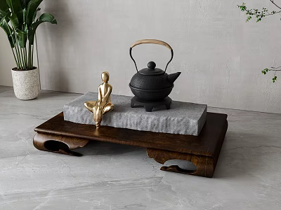 Minimalist Interior Display Black Teapot With Wooden Tray Stone Slab And Golden Buddha Statue 3d model