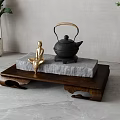 Minimalist Interior Display Black Teapot With Wooden Tray Stone Slab And Golden Buddha Statue