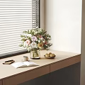 Decorative Ornament Set With Flower Vase Open Book Coffee Cup And Fruit Bowl On Windowsill