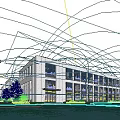 Modern Office Building Exterior With Green Lawn Trees And Blue Sky