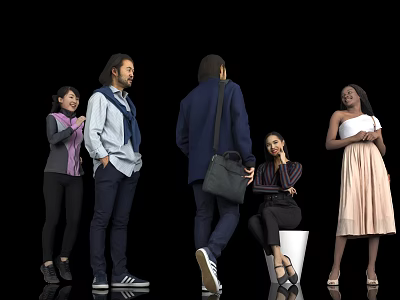 Group of diverse people standing and sitting with different postures against black background 3d model