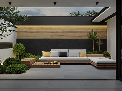 Modern Open Garden Design With Wooden Sofa Green Plants And Stone Floor 3d model