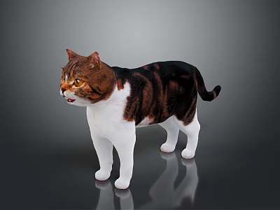 Brown and white cat standing on smooth surface with grey gradient background 3d model
