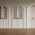 White Double Doors With Arched Rectangular Designs Glass Panes And Brass Handles On Wooden Flooring
