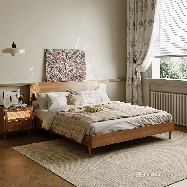 Minimalist Modern Double Bed Interior With Bedside Table Wall Painting Curtains Window And Rug 3d model 