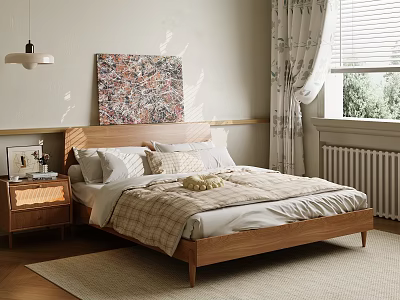 Minimalist Modern Double Bed Interior With Bedside Table Wall Painting Curtains Window And Rug 3d model