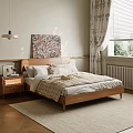 Minimalist Modern Double Bed Interior With Bedside Table Wall Painting Curtains Window And Rug