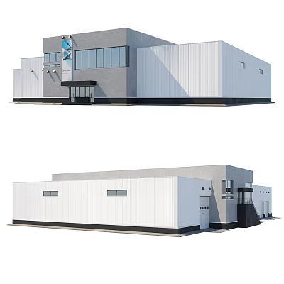 Modern Industrial Factory Building Exterior With White Gray Walls Large Windows And Entrance 3d model
